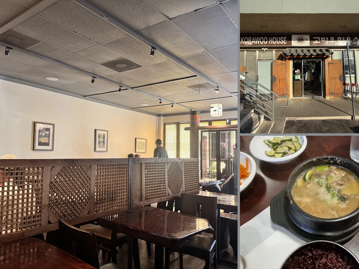Korean restaurant interior with simple tables and chairs.