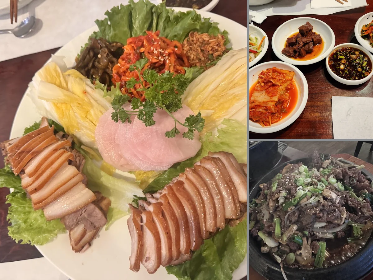 Shared banchan beside a warm restaurant setting.